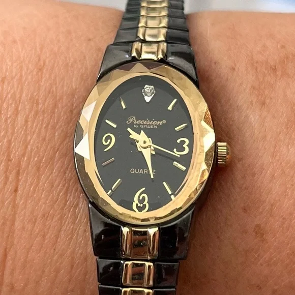Vintage Gruen Gold-Tone Oval Cuff Watch with Black Dial Gruen Women Oval Wristwatches | eBay main image 4
